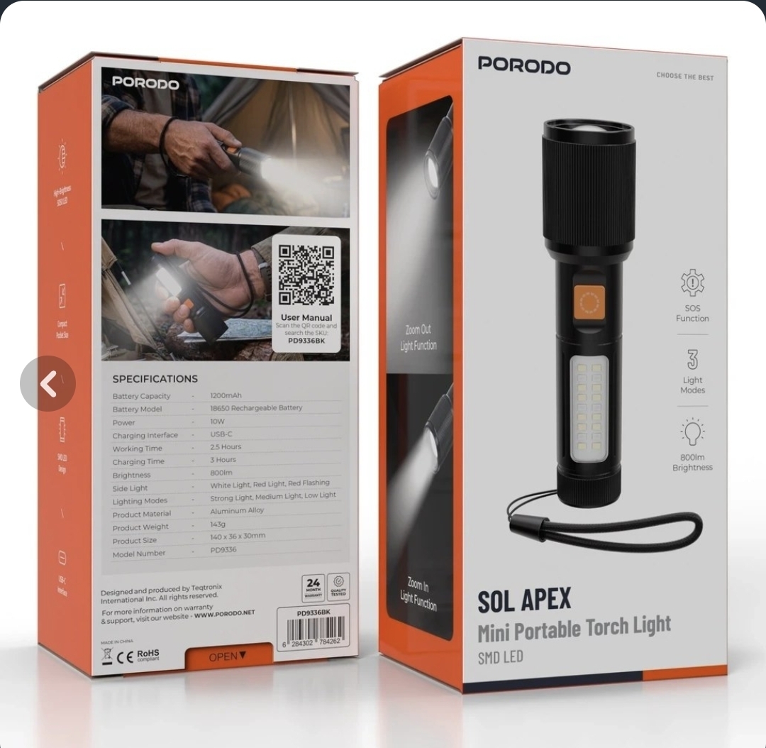 چراغ قوه قابل حمل پرودو Porodo Sol Apex